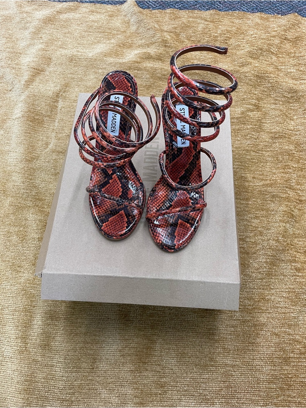 Steve Madden Exotica orange snake print ankle wrap stiletto dress sandals